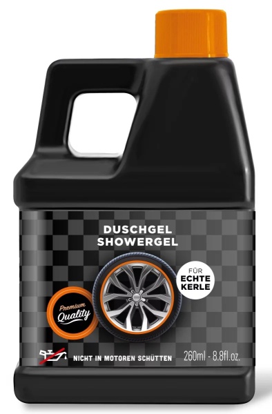 Duschgel in Ölkanister Optik Für echte Kerle, Design Orange, angenehm frisch Parfümiert für die tägliche Pflege geeignet.